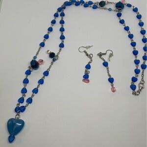 Heart Beaded, Blue Faceted Beaded Necklace And Earrings Silver Tone Acrylic